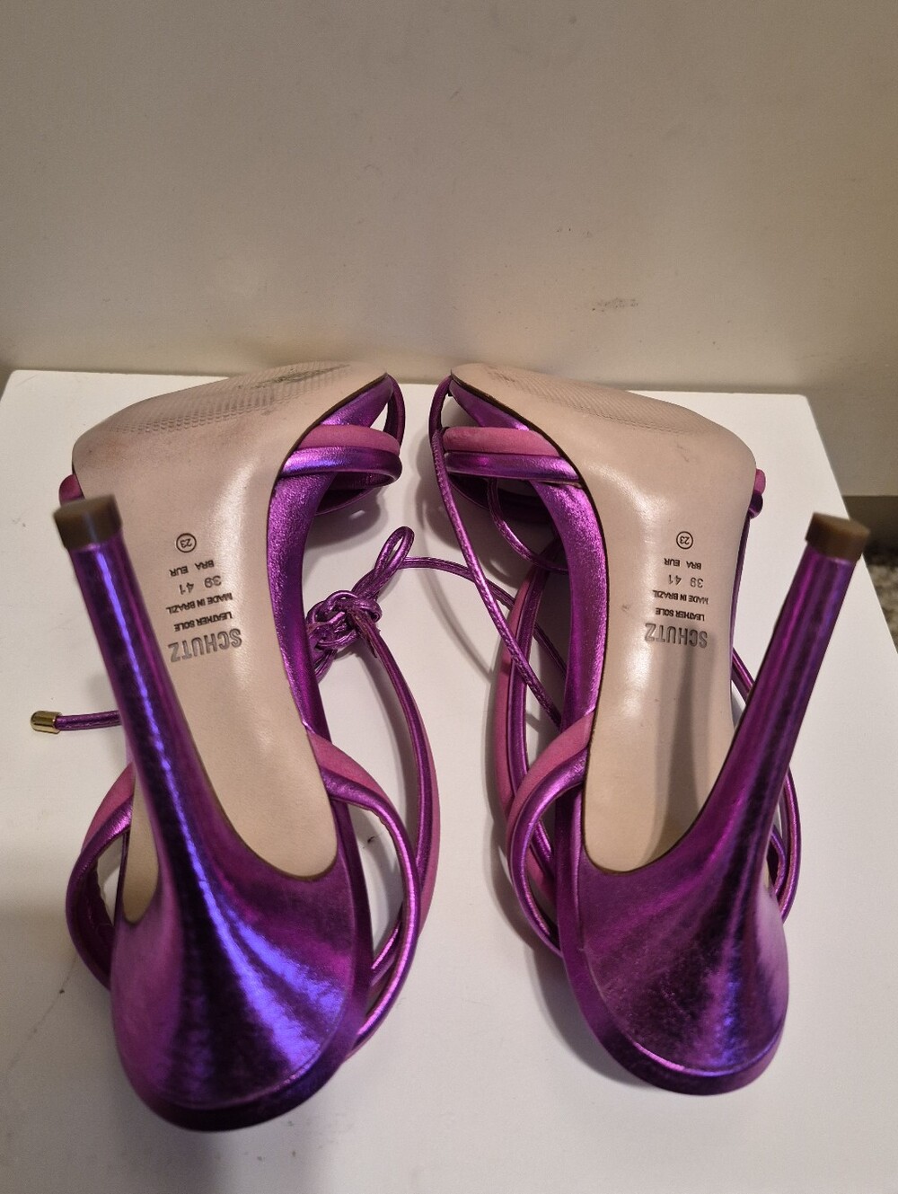 New Schutz Hot Pink Metallic Leather & Suede Strappy Stiletto Sandals 8/39 $198 - Picture 6 of 6